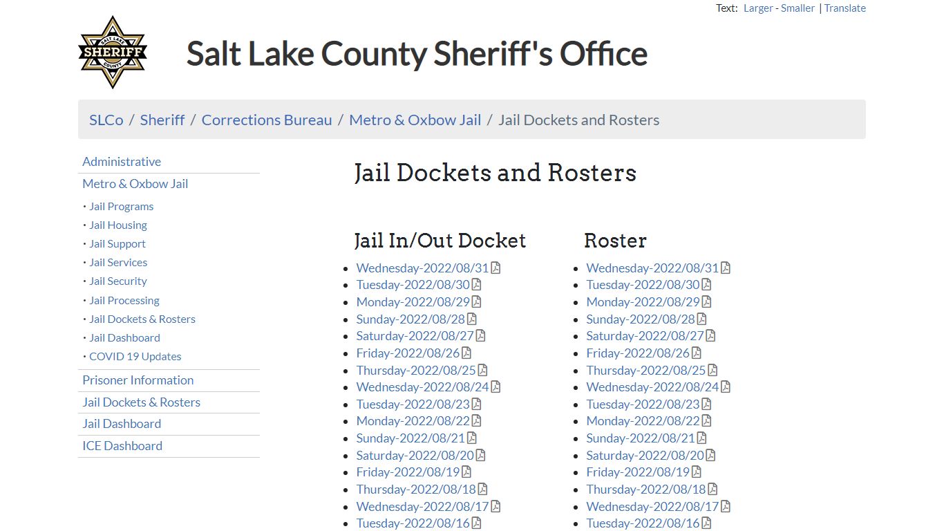 Jail Dockets and Rosters - Sheriff | SLCo